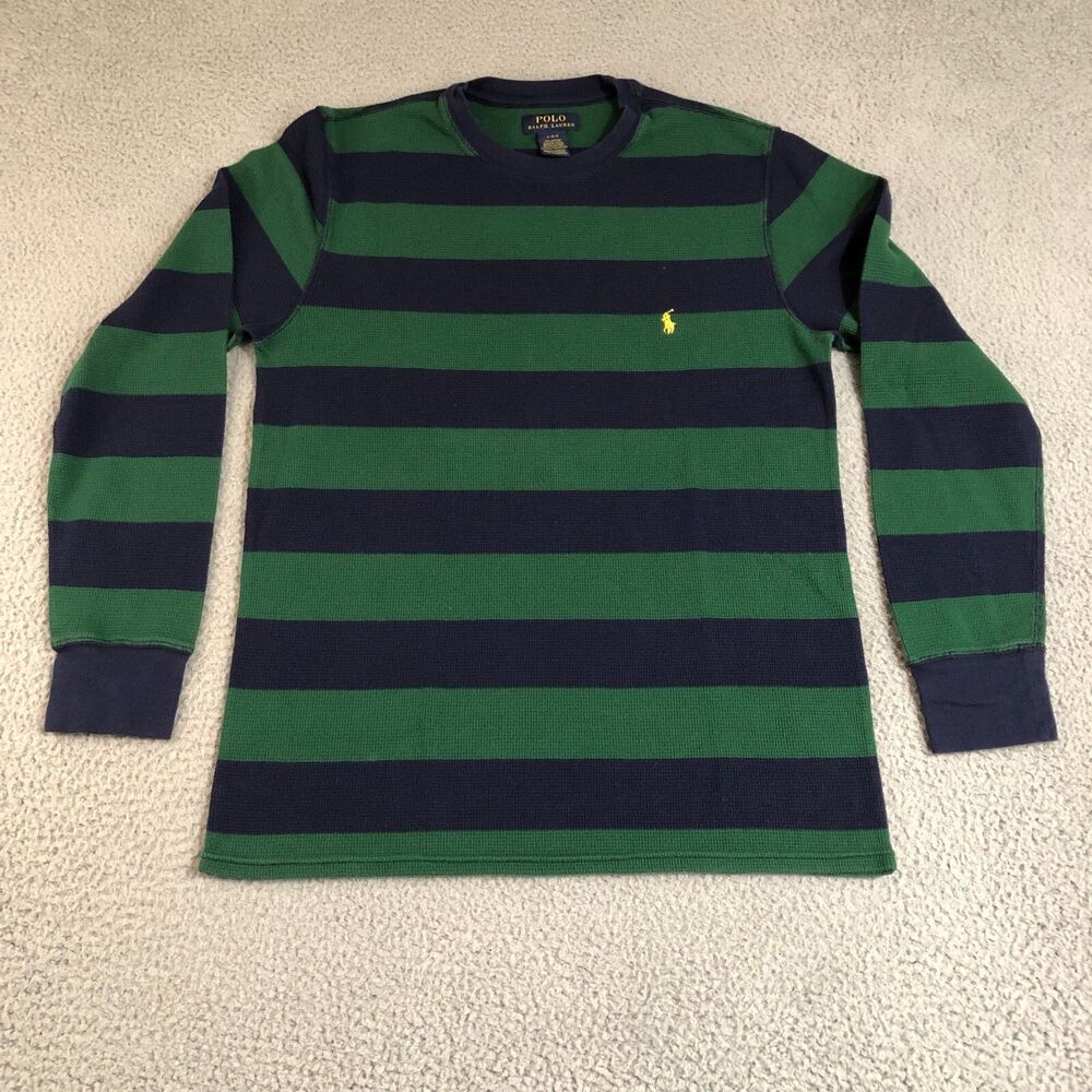 Polo Ralph Lauren Shirt Mens Large Green Blue Striped Waffle Knit Logo Crew Neck